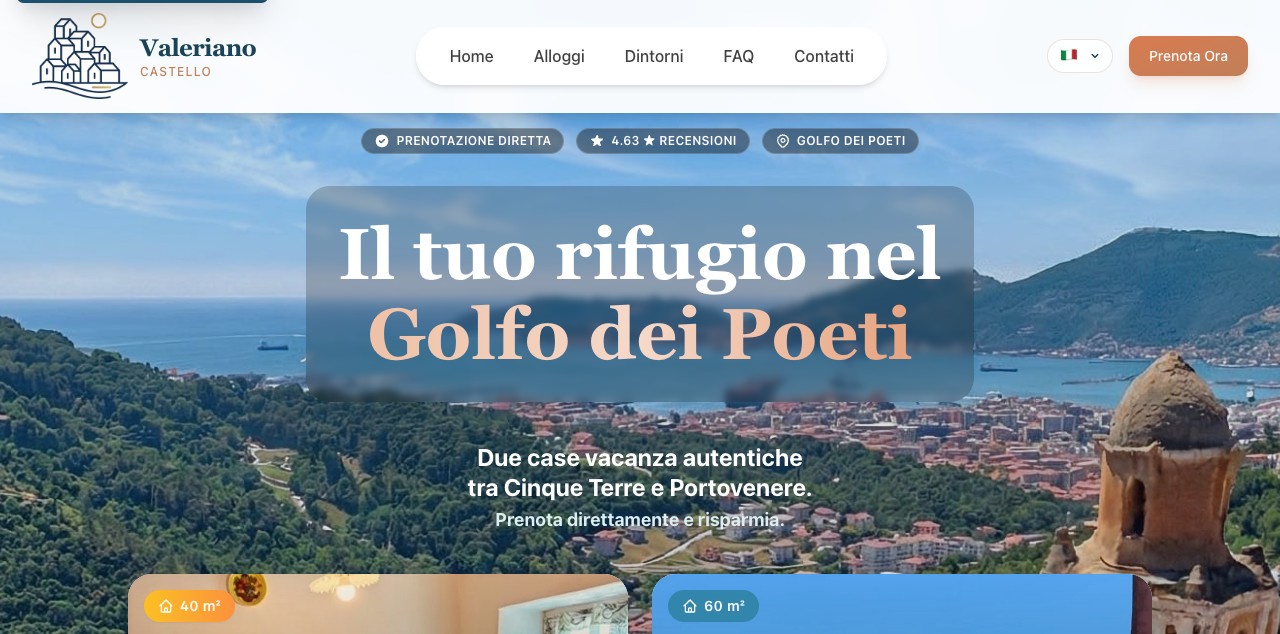 Screenshot del sito web Valeriano Castello che mostra una vista panoramica del Golfo dei Poeti con le case vacanza Essenza Verde e Torre del Golfo tra Cinque Terre e Portovenere
